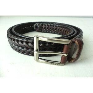 Fossil Men's Braided Brown Leather Belt Size 42 Adjustable Woven Silver Tone